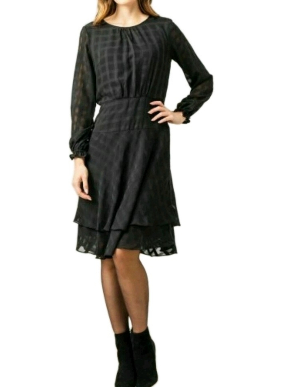 DKNY Women's Size 6 Black Long Sleeve Double Layer Skirt Dress Msrp $129.00